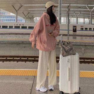 Fleece-lined Lettering Hoodie / Plain Wide-leg Pants / Set