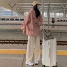 Fleece-lined Lettering Hoodie / Plain Wide-leg Pants / Set