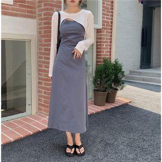 Spaghetti Strap Midi A-line Dress / Long-sleeve Crop Top