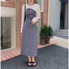 Spaghetti Strap Midi A-line Dress / Long-sleeve Crop Top