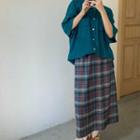 Elbow-sleeve Plain Shirt / Midi Plaid A-line Skirt