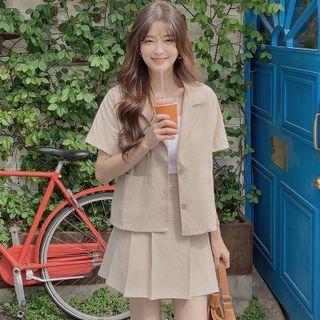 Set: Short-sleeve Single-breasted Blazer + Mini A-line Skirt
