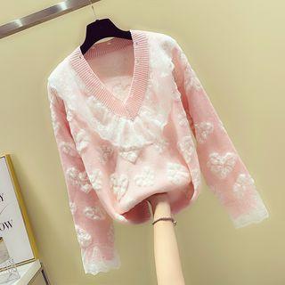 Ruffle-lace V-neck Sweater