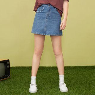 Fray Trim Denim A-line Skirt