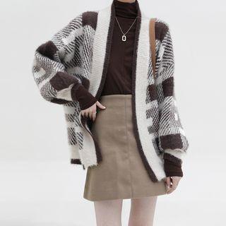 Plain Long-sleeve T-shirt / Plaid Open Front Cardigan / Mini A-line Skirt