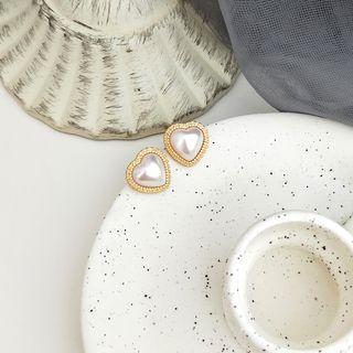 Faux Pearl Heart Earring 1 Pair - Gold & White - One Size