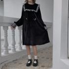 Long-sleeve Ruffled Midi Velvet Dress Black - One Size