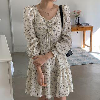 Ruffle-hem Drawcord-front Floral Dress