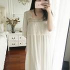 Lace Trim 3/4-sleeve -sleeve Midi Sleep Dress