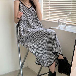 Spaghetti Strap Checked A-line Midi Dress Black - One Size