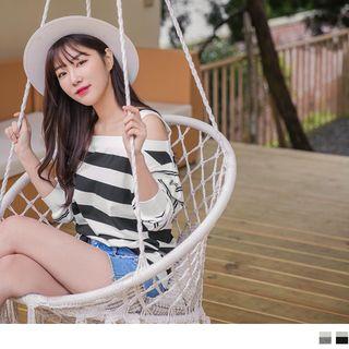 Cold Shoulder Striped Puff Sleeve Top