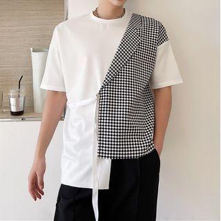 Short-sleeve Houndstooth Panel Asymmetrical T-shirt