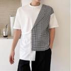 Short-sleeve Houndstooth Panel Asymmetrical T-shirt