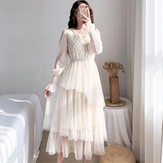 Set: Long-sleeve Mesh Tiered Dress + Sash