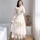 Set: Long-sleeve Mesh Tiered Dress + Sash