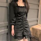 3/4-sleeve Square-neck Frill Trim A-line Mini Dress Black - One Size