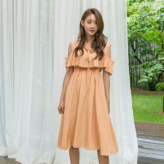 Tie-neck Cold-shoulder Ruffled Midi Dress