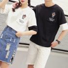 Couple Matching Bear Print Color Panel Elbow Sleeve T-shirt