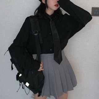 Pocket Detail Shirt With Tie / High Waist Pleated Skirt