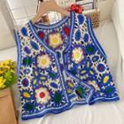 Floral Crochet Button-up Vest Blue - One Size