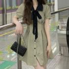Short-sleeve Collared Check A-line Mini Dress / Midi Dress