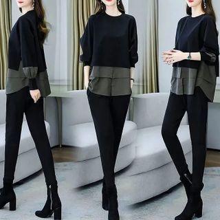 Set: Mock Two-piece Blouse + Skinny Pants