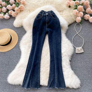 Frayed Trim Denim Bell-bottom Pants