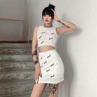 Set: Lettering Cropped Tank Top + Mini Pencil Skirt