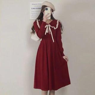Long-sleeve Tie Neck Velvet A-line Dress