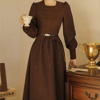 Set: Long-sleeve Mock Two-piece Midi Dress + Faux Leather Belt