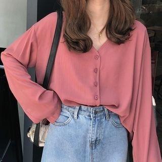 Button-back V-neck Long-sleeve Shirt