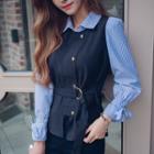 Buttoned Mock Two-piece Striped Long-sleeve Blouse