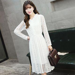 Frill Long-sleeved A-line Sheath Cutout Plain Slim Lace Dress