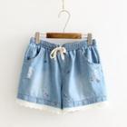 Embroidered Lace Panel Denim Shorts