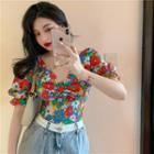 Knotted V-neck Floral Crop Top As Figure - One Size