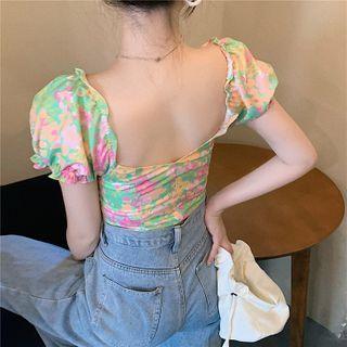Short-sleeve Floral Print Cropped Top As Figure - One Size