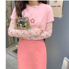Floral Long-sleeve Top / Short-sleeve T-shirt / Midi A-line Skirt