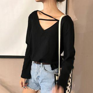 Plain Long-sleeve Strappy T-shirt