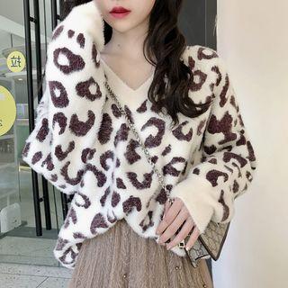 V-neck Leopard Long-sleeve Sweater Off-white - One Size