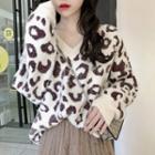 V-neck Leopard Long-sleeve Sweater Off-white - One Size