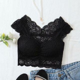 Short-sleeve V-neck Lace Cropped Top Black - One Size