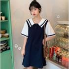 Striped Elbow-sleeve A-line Dress Blue - One Size