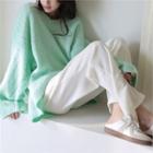 Drawstring-waist Fuzzy Wide-leg Pants