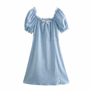 Puff-sleeve Lace Trim Bow Mini A-line Dress