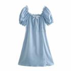 Puff-sleeve Lace Trim Bow Mini A-line Dress