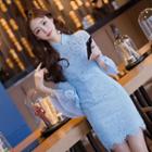 Stand-collar Bell-sleeve Lace Dress