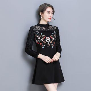 Embroidered Lace Panel Long-sleeve A-line Dress