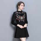 Embroidered Lace Panel Long-sleeve A-line Dress