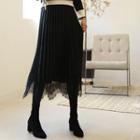 Lace-hem Accordion-pleat Midi Velvet Skirt