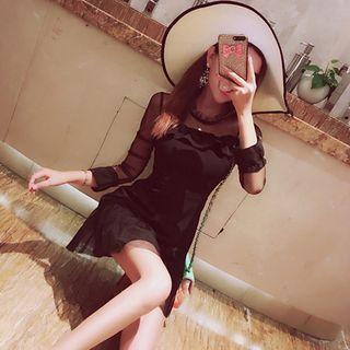 3/4-sleeve Mesh Panel Mini A-line Dress